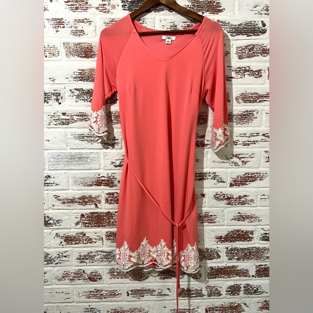 Cato Dress Coral Salmon Sheath Lined Embroidered Trim Sz S